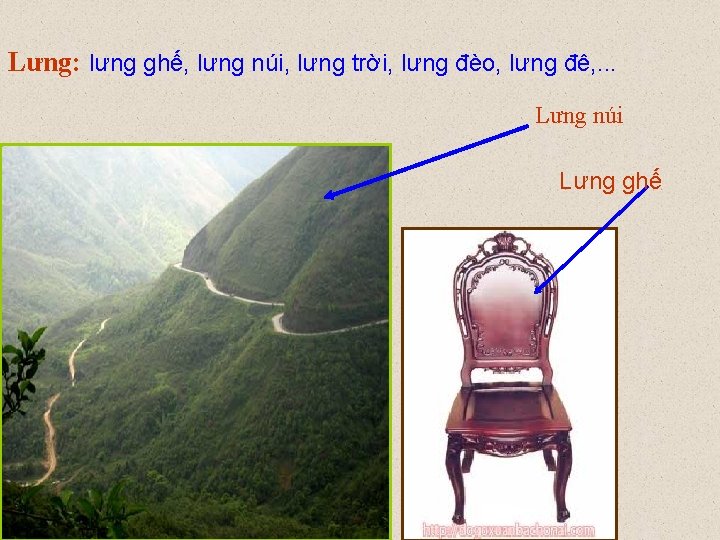 Lưng: lưng ghế, lưng núi, lưng trời, lưng đèo, lưng đê, . . .