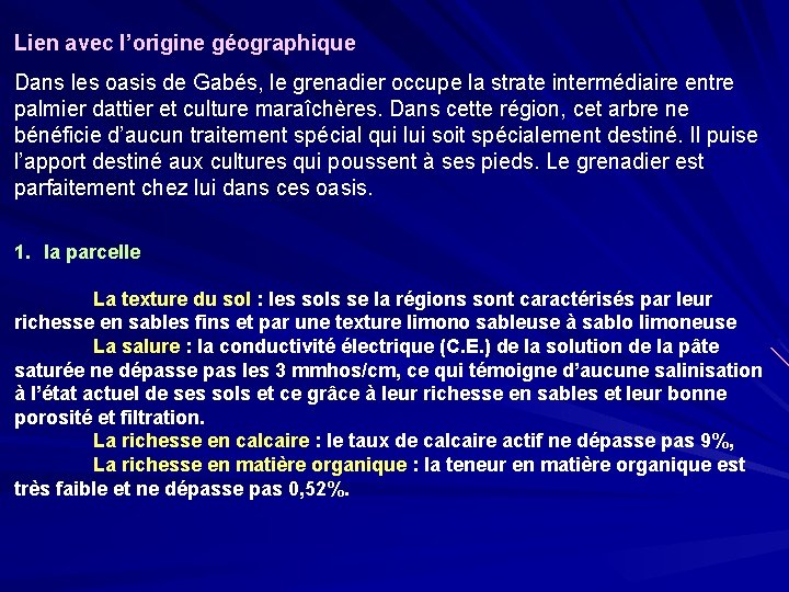 Lien avec l’origine géographique Dans les oasis de Gabés, le grenadier occupe la strate