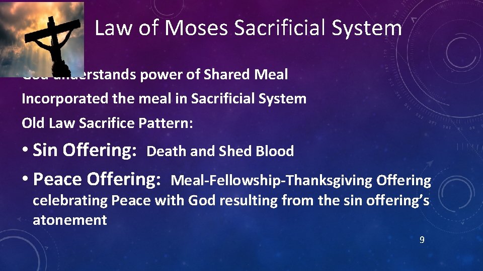 Law of Moses Sacrificial System God understands power of Shared Meal Incorporated the meal Law of Moses Sacrificial System God understands power of Shared Meal Incorporated the meal