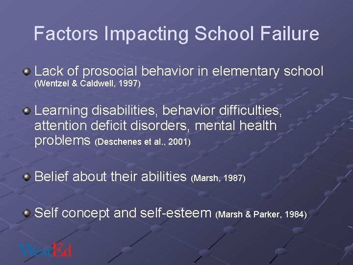Factors Impacting School Failure Lack of prosocial behavior in elementary school (Wentzel & Caldwell,
