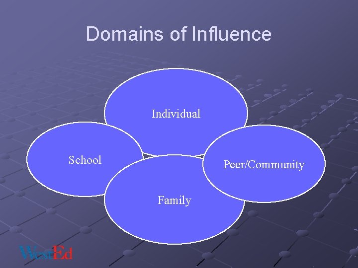 Domains of Influence Individual School Peer/Community Family 