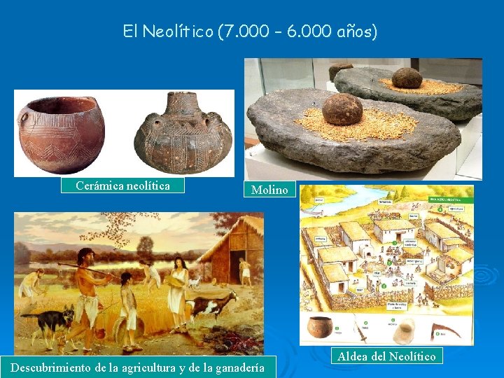 El Neolítico (7. 000 – 6. 000 años) Cerámica neolítica Molino Descubrimiento de la