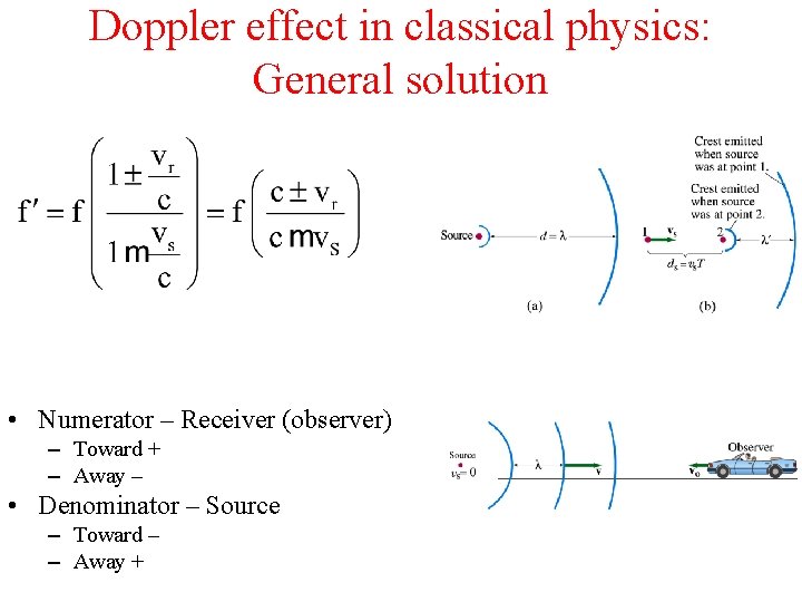 Doppler effect in classical physics: General solution • Numerator – Receiver (observer) – Toward