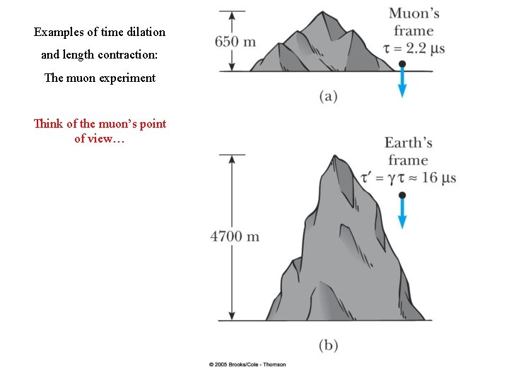 Examples of time dilation and length contraction: The muon experiment Think of the muon’s