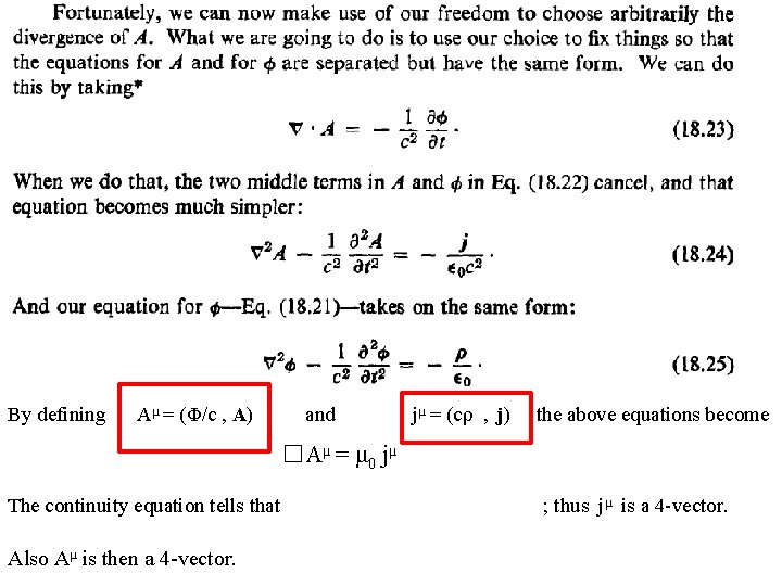By defining Aµ = (Φ/c , A) and jµ = (cρ , j) the