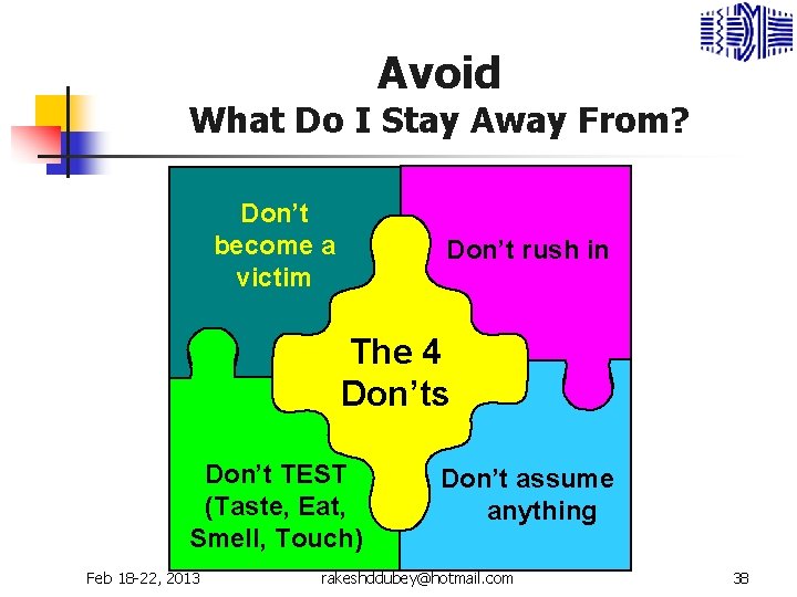 Avoid What Do I Stay Away From? Don’t become a victim Don’t rush in