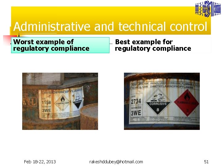 Administrative and technical control Worst example of regulatory compliance Feb 18 -22, 2013 Best