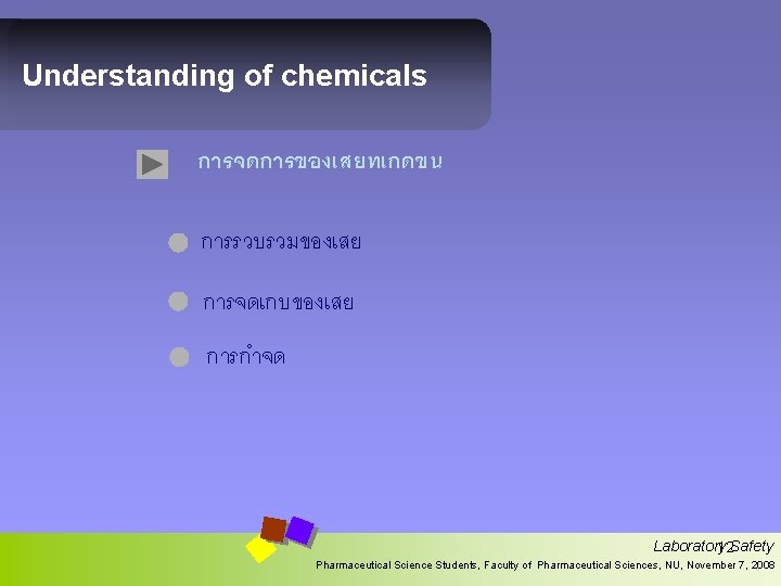 Understanding of chemicals การจดการของเสยทเกดขน การรวบรวมของเสย การจดเกบของเสย การกำจด Laboratory 12 Safety Pharmaceutical Science Students, Faculty