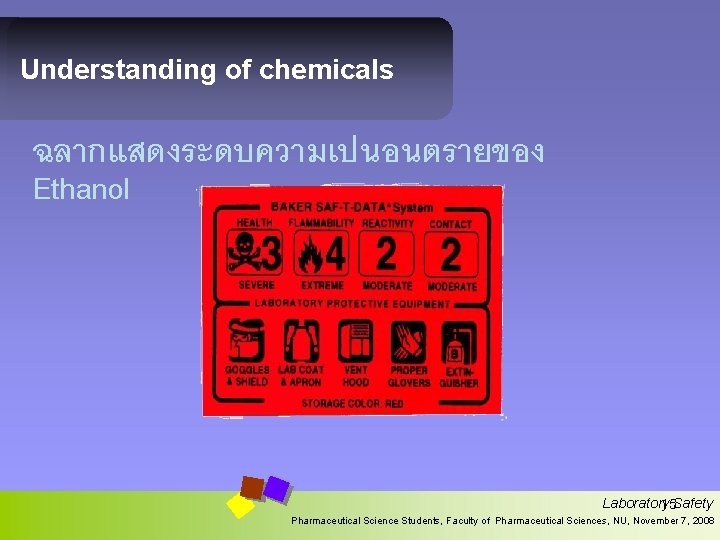 Understanding of chemicals ฉลากแสดงระดบความเปนอนตรายของ Ethanol Laboratory 15 Safety Pharmaceutical Science Students, Faculty of Pharmaceutical