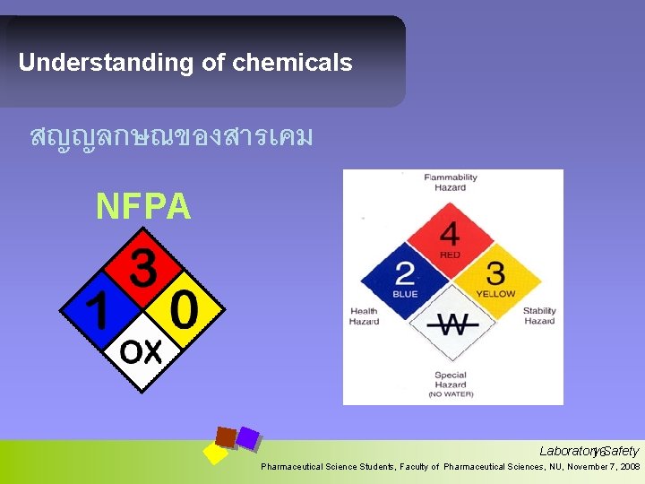 Understanding of chemicals สญญลกษณของสารเคม NFPA Laboratory 16 Safety Pharmaceutical Science Students, Faculty of Pharmaceutical