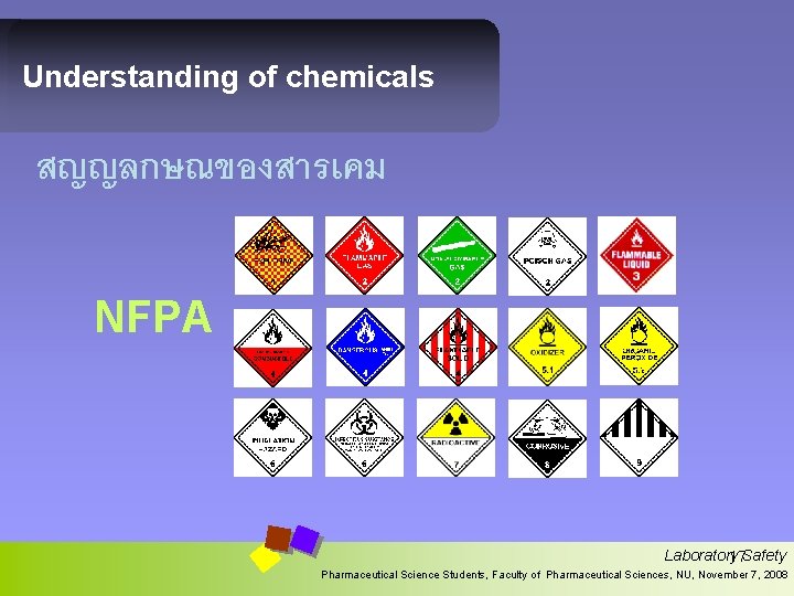 Understanding of chemicals สญญลกษณของสารเคม NFPA Laboratory 17 Safety Pharmaceutical Science Students, Faculty of Pharmaceutical