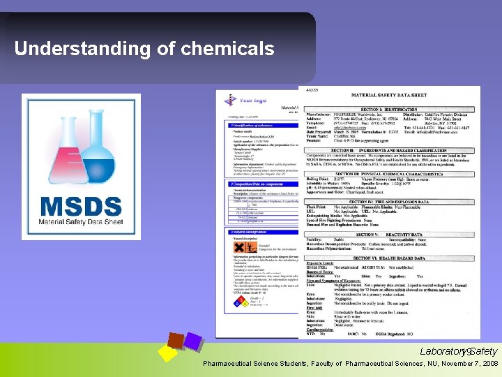 Understanding of chemicals Laboratory 19 Safety Pharmaceutical Science Students, Faculty of Pharmaceutical Sciences, NU,