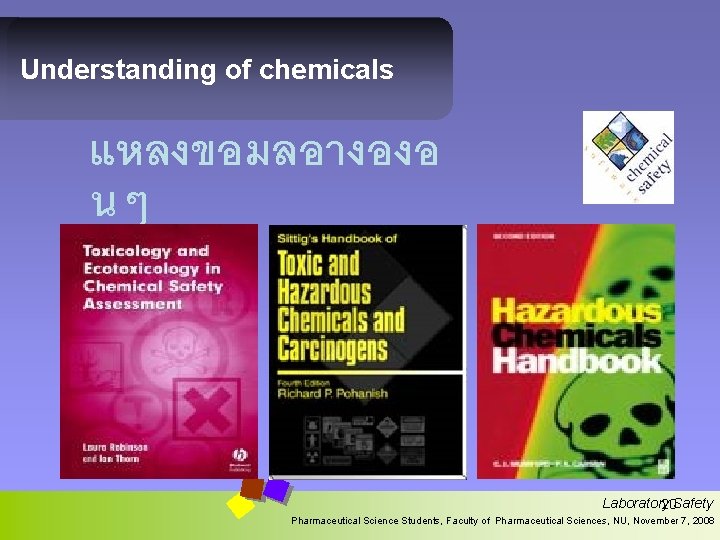 Understanding of chemicals แหลงขอมลอางองอ นๆ Laboratory 20 Safety Pharmaceutical Science Students, Faculty of Pharmaceutical