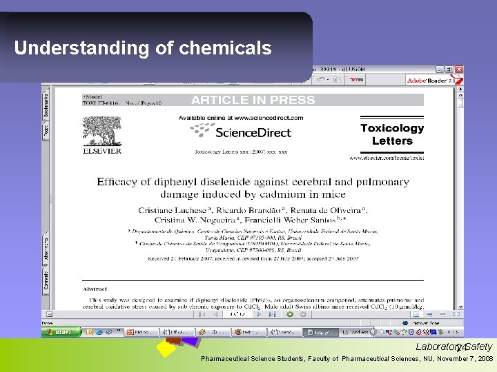 Understanding of chemicals Laboratory 24 Safety Pharmaceutical Science Students, Faculty of Pharmaceutical Sciences, NU,