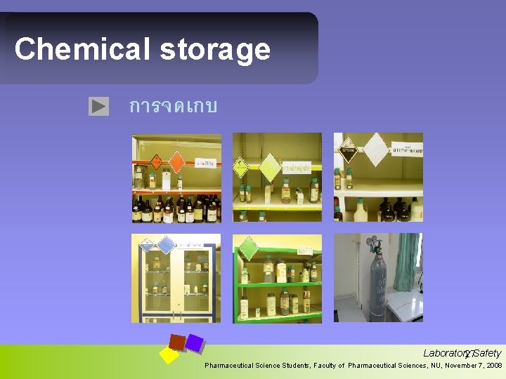 Chemical storage การจดเกบ Laboratory 27 Safety Pharmaceutical Science Students, Faculty of Pharmaceutical Sciences, NU,