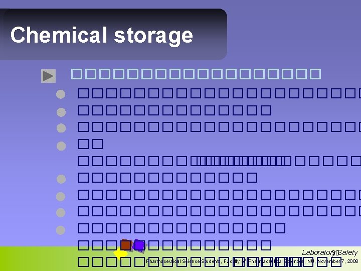 Chemical storage ��������������������� �� ����������������������������� Laboratory 30 Safety ���������� �� Pharmaceutical Science Students, Faculty