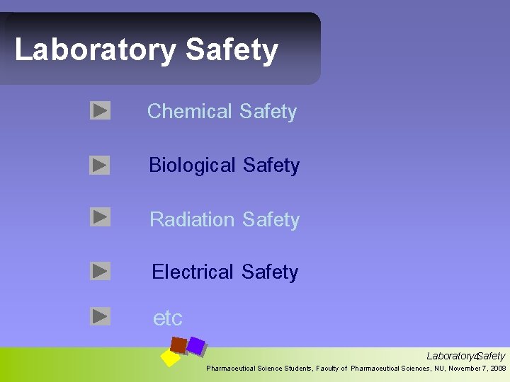 Laboratory Safety Chemical Safety Biological Safety Radiation Safety Electrical Safety etc Laboratory 4 Safety