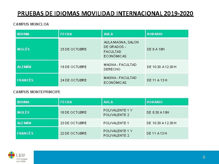 PRUEBAS DE IDIOMAS MOVILIDAD INTERNACIONAL 2019 -2020 CAMPUS MONCLOA IDIOMA FECHA AULA HORARIO INGLÉS