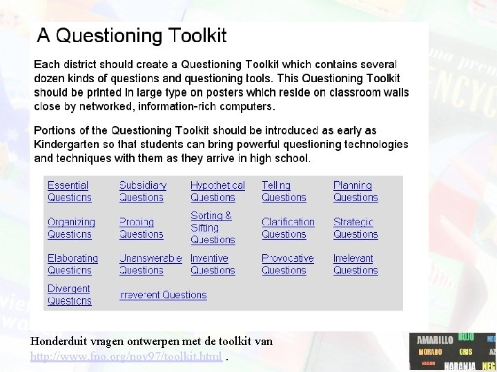 Honderduit vragen ontwerpen met de toolkit van http: //www. fno. org/nov 97/toolkit. html. Honderduit vragen ontwerpen met de toolkit van http: //www. fno. org/nov 97/toolkit. html.