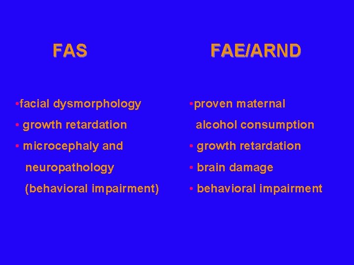 FAS • facial dysmorphology • growth retardation • microcephaly and FAE/ARND • proven maternal