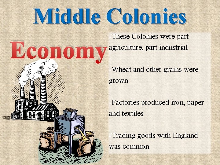 Middle Colonies Economy -These Colonies were part agriculture, part industrial -Wheat and other grains