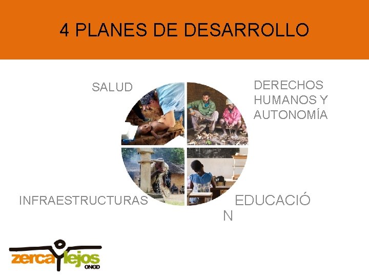 4 PLANES DE DESARROLLO DERECHOS HUMANOS Y AUTONOMÍA SALUD INFRAESTRUCTURAS N EDUCACIÓ 