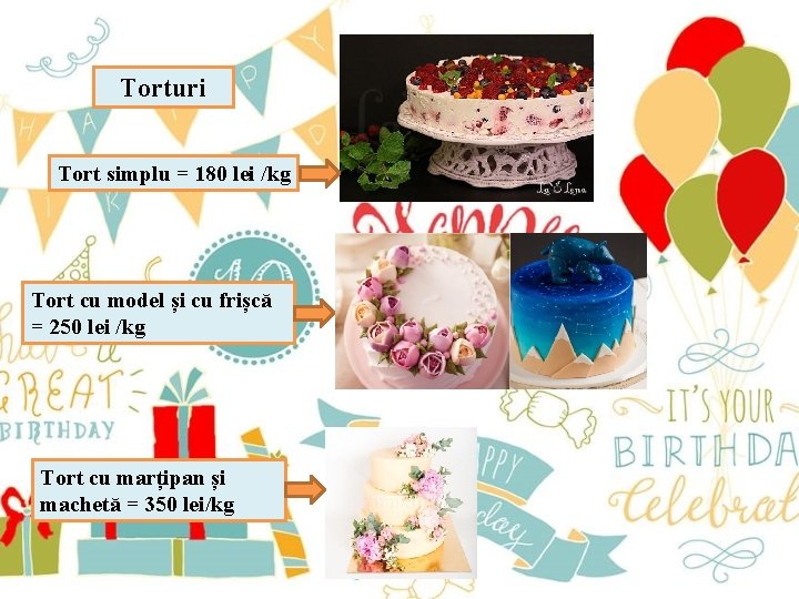 Torturi Tort simplu = 180 lei /kg Tort cu model și cu frișcă =