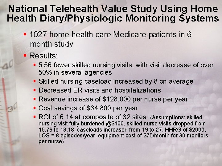 National Telehealth Value Study Using Home Health Diary/Physiologic Monitoring Systems § 1027 home health