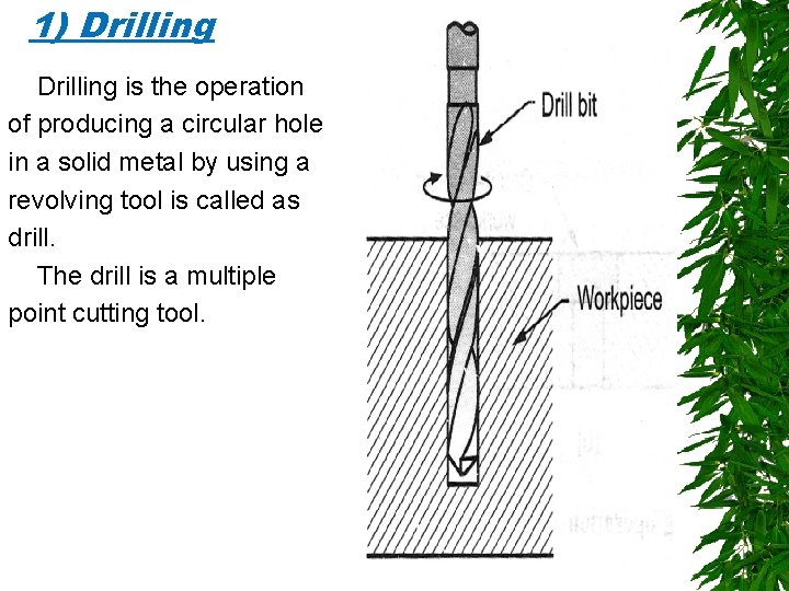 1) Drilling is the operation of producing a circular hole in a solid metal