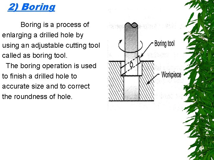 2) Boring is a process of enlarging a drilled hole by using an adjustable