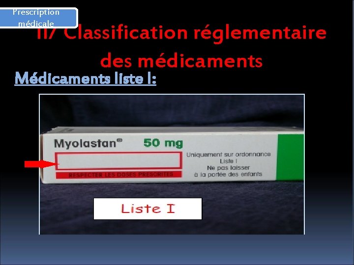 Prescription médicale II/ Classification réglementaire des médicaments Médicaments liste I: 