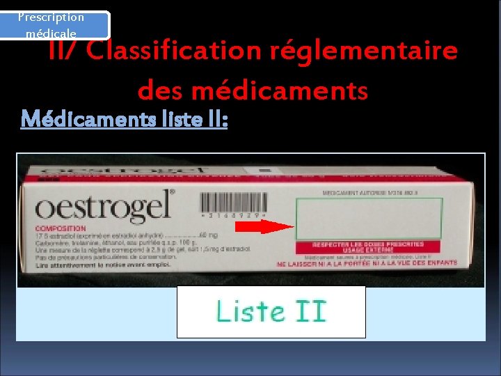 Prescription médicale II/ Classification réglementaire des médicaments Médicaments liste II: 