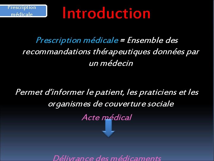 Prescription médicale Introduction Prescription médicale = Ensemble des recommandations thérapeutiques données par un médecin