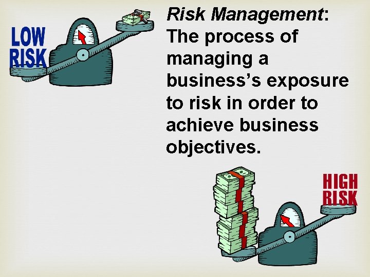 Risk Management: The process of managing a business’s exposure to risk in order to