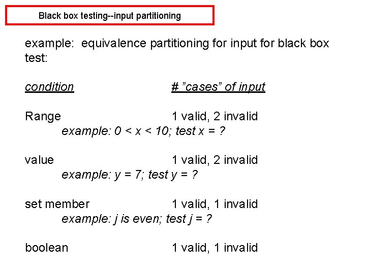 Black box testing--input partitioning example: equivalence partitioning for input for black box test: condition