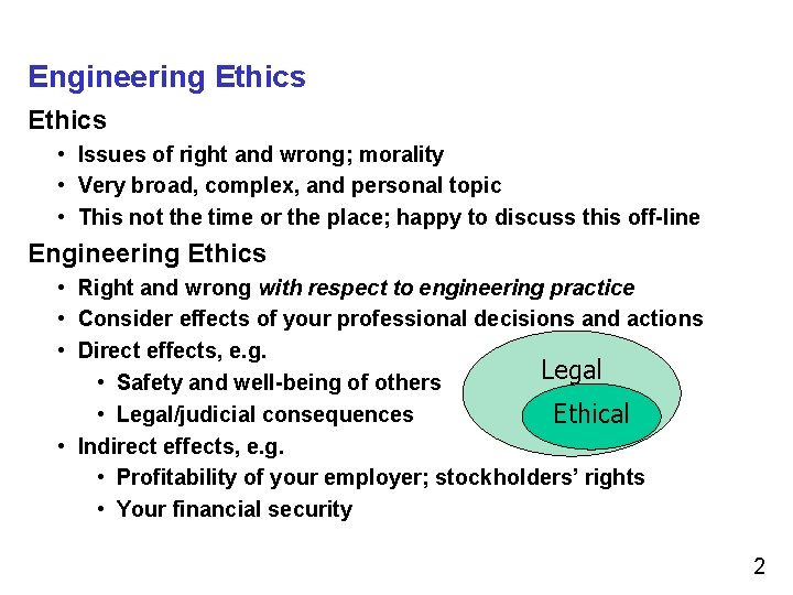Engineering Ethics • Issues of right and wrong; morality • Very broad, complex, and