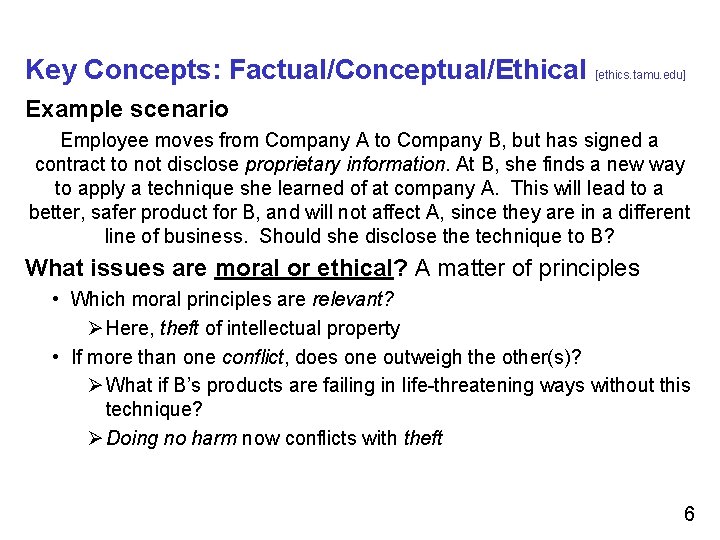 Key Concepts: Factual/Conceptual/Ethical [ethics. tamu. edu] Example scenario Employee moves from Company A to