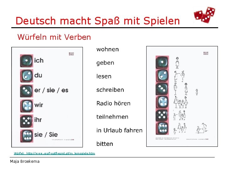 Deutsch macht Spaß mit Spielen Würfeln mit Verben Würfel: http: //www. graf-gutfreund. at/m_lernspiele. htm