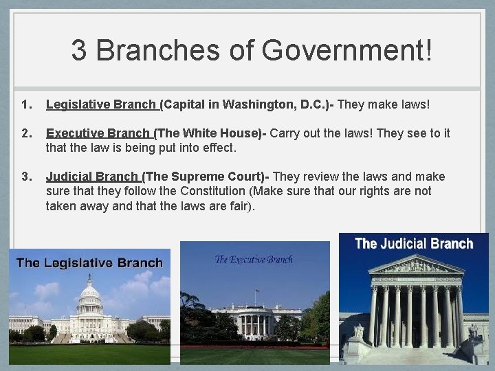 3 Branches of Government! 1. Legislative Branch (Capital in Washington, D. C. )- They