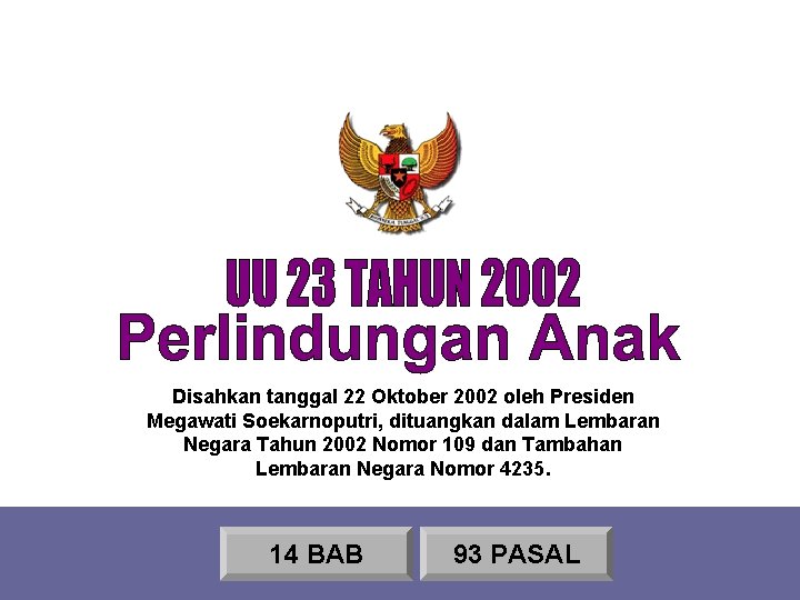 Disahkan tanggal 22 Oktober 2002 oleh Presiden Megawati Soekarnoputri, dituangkan dalam Lembaran Negara Tahun