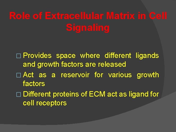 Role of Extracellular Matrix in Cell Signaling � Provides space where different ligands and