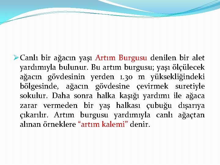 Ø Canlı bir ağacın yaşı Artım Burgusu denilen bir alet yardımıyla bulunur. Bu artım