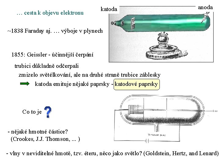 … cesta k objevu elektronu katoda anoda ~1838 Faraday aj. … výboje v plynech