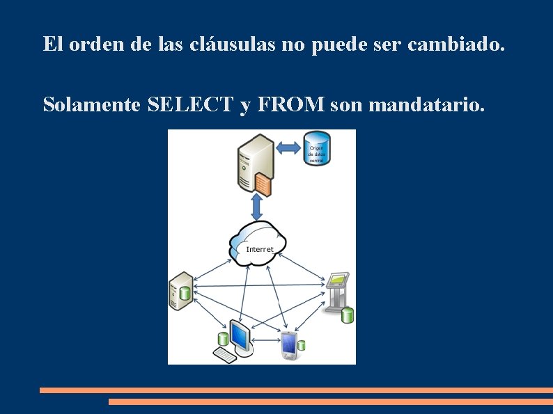 El orden de las cláusulas no puede ser cambiado. Solamente SELECT y FROM son