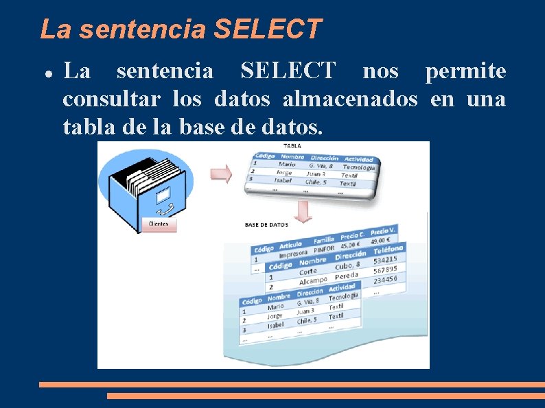 La sentencia SELECT nos permite consultar los datos almacenados en una tabla de la