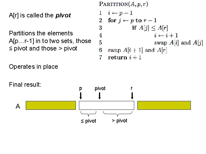A[r] is called the pivot Partitions the elements A[p…r-1] in to two sets, those