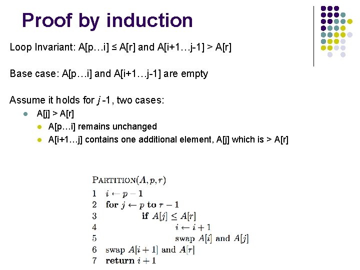 Proof by induction Loop Invariant: A[p…i] ≤ A[r] and A[i+1…j-1] > A[r] Base case: