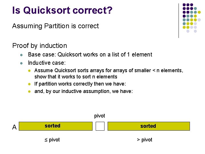 Is Quicksort correct? Assuming Partition is correct Proof by induction l l Base case: