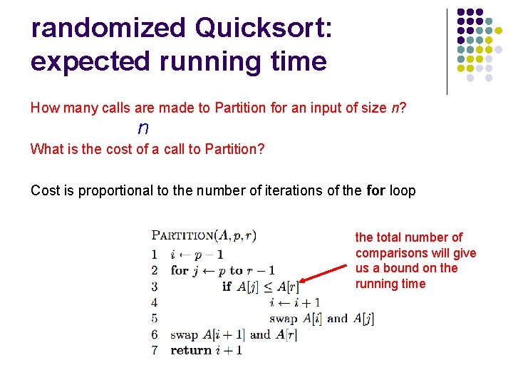 randomized Quicksort: expected running time How many calls are made to Partition for an