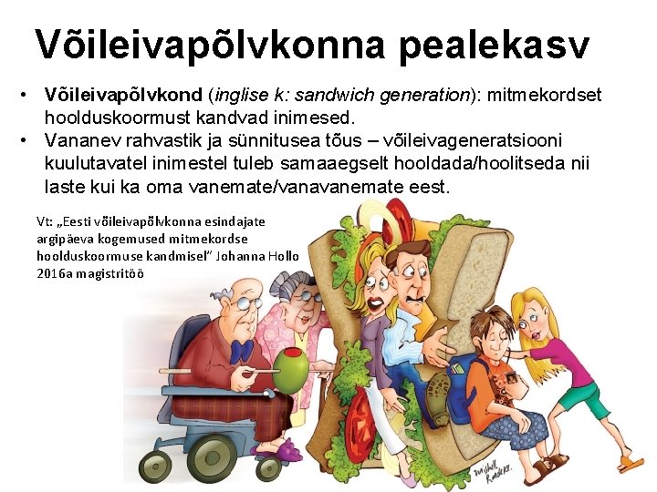 Võileivapõlvkonna pealekasv • Võileivapõlvkond (inglise k: sandwich generation): mitmekordset hoolduskoormust kandvad inimesed. • Vananev